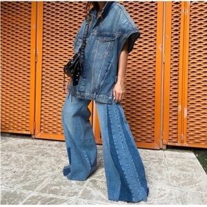 Zara Blue Patchwork Mid-rise Flare Leg Jeans Retro 70’s Bell Bottom Size 0